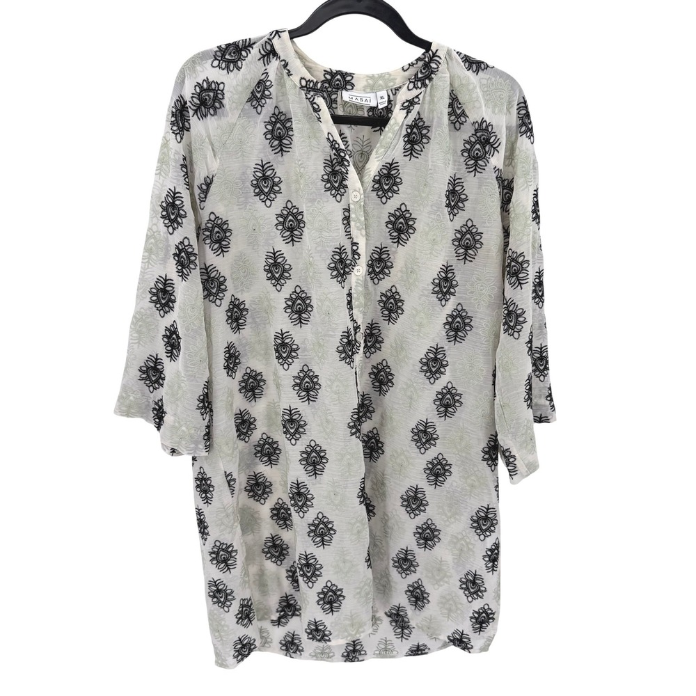 Masai Copenhagen Embroidered Floral Tunic Blouse White Black Sage XL Relaxed